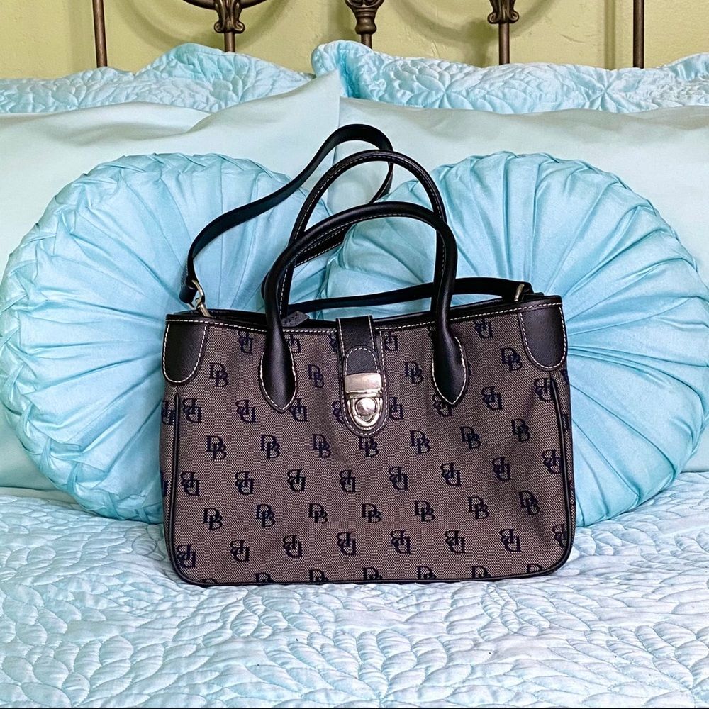 Dooney Black DB Patterned Coated Cotton Satchel